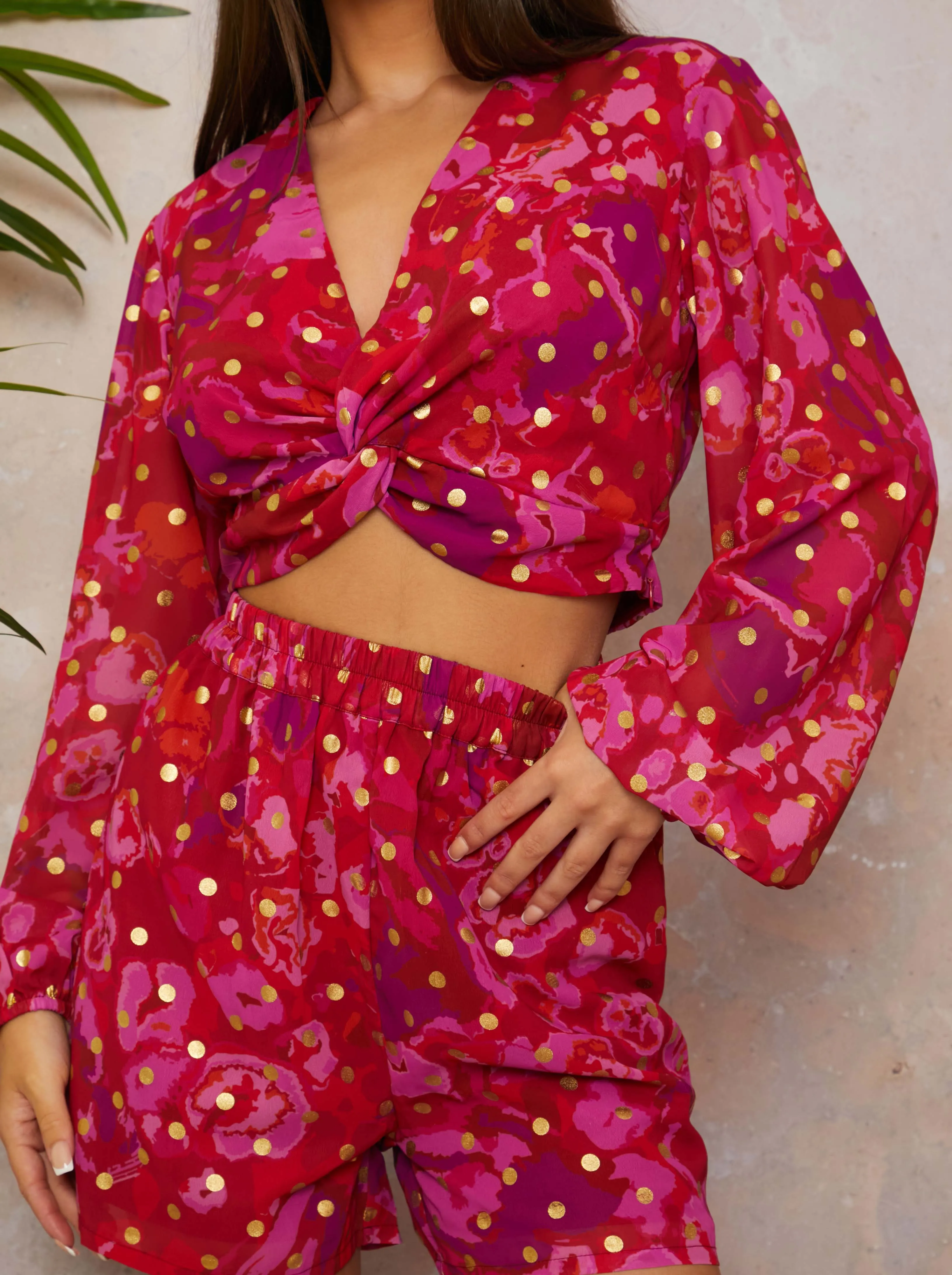 Twist Front Abstract Foil Spot Print Shirt in Berry sold by Chi Chi London product image thumbnail 4