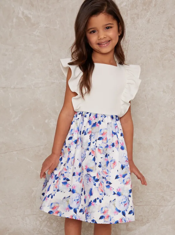 Girls Ruffle Sleeve Floral Print Midi Dress in White sold by Chi Chi London