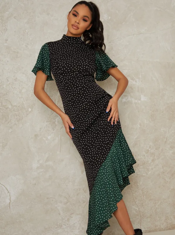 Polka Dot Midi Dress with High Neckline in Green made by Chi Chi London