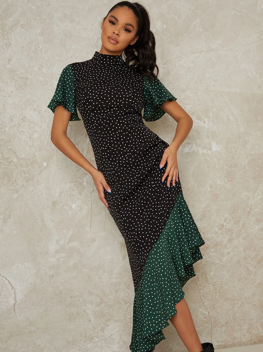 Polka Dot Midi Dress with High Neckline in Green sold by Chi Chi London
