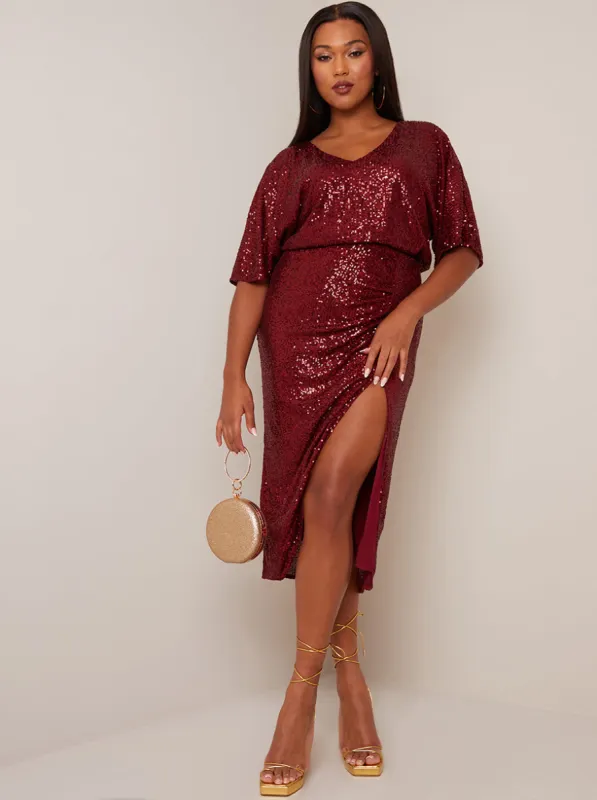 V Neck Sequin Midi Dress in Red sold by Chi Chi London