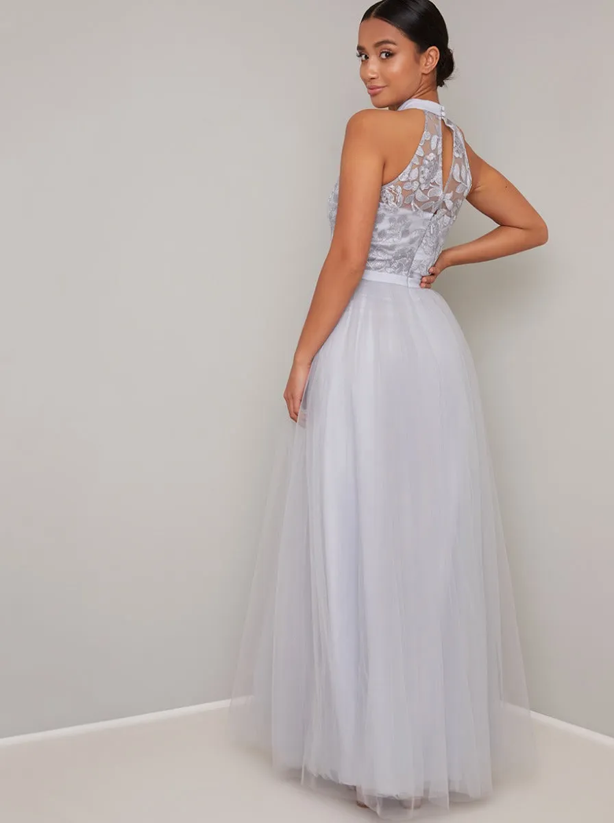 Petite High Neck Embroidered Tulle Maxi Dress in Blue sold by Chi Chi London product image thumbnail 4