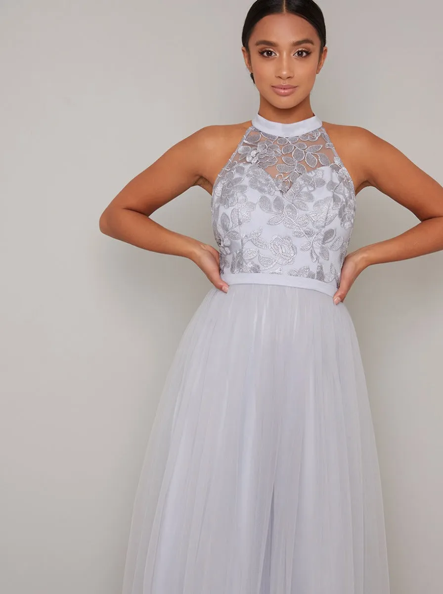 Petite High Neck Embroidered Tulle Maxi Dress in Blue sold by Chi Chi London product image thumbnail 2