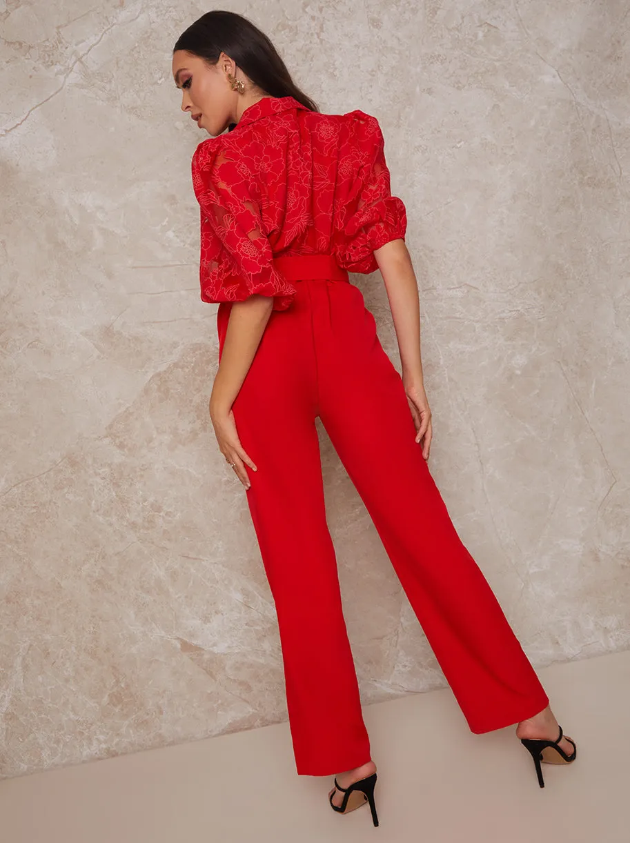 Sheer Floral Texture Balloon Sleeve Jumpsuit in Red sold by Chi Chi London product image thumbnail 5