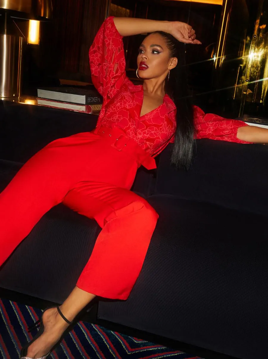 Sheer Floral Texture Balloon Sleeve Jumpsuit in Red sold by Chi Chi London