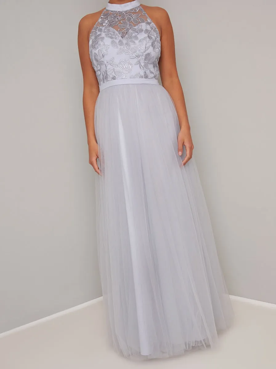 Petite High Neck Embroidered Tulle Maxi Dress in Blue sold by Chi Chi London product image thumbnail 3