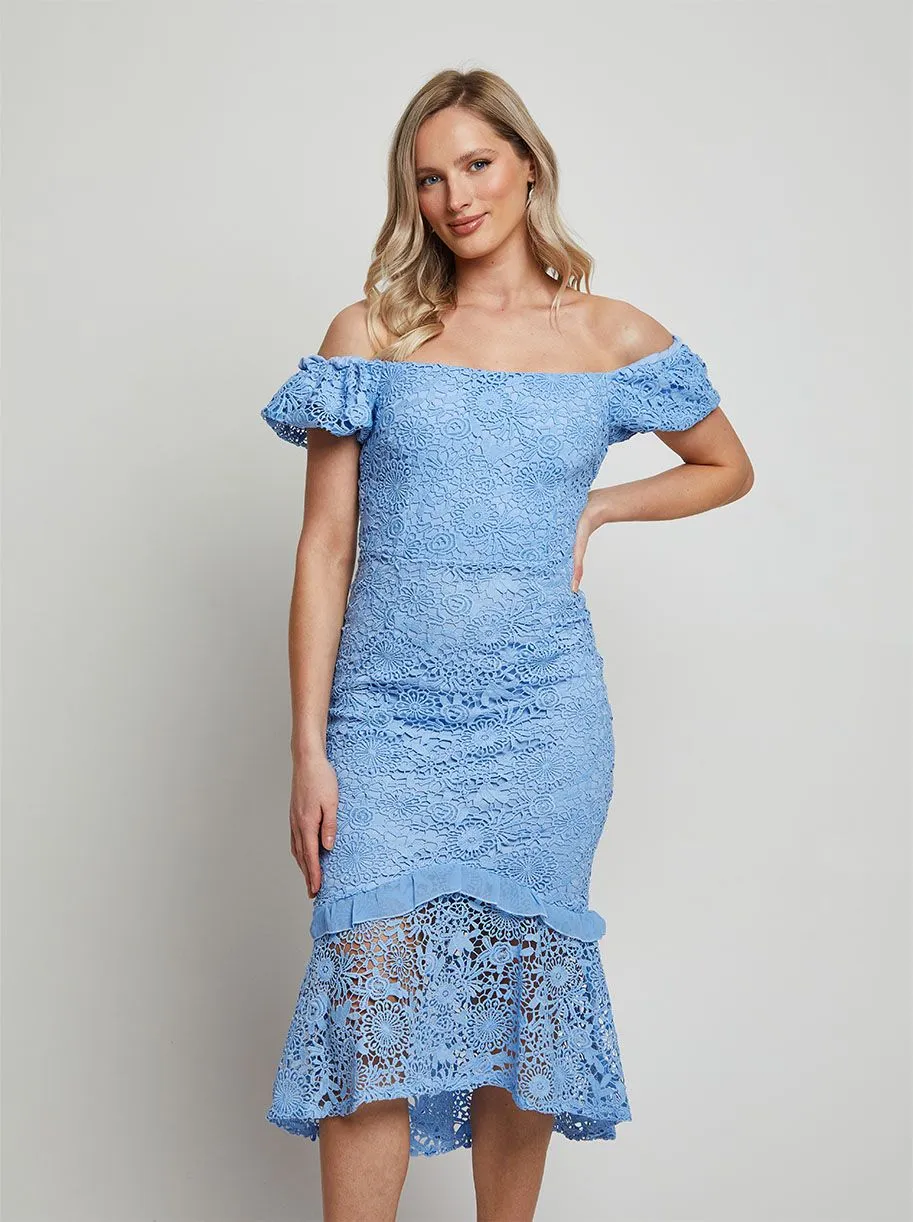 Petite Bardot Premium Lace Peplum Midi Dress in Blue sold by Chi Chi London product image thumbnail 3