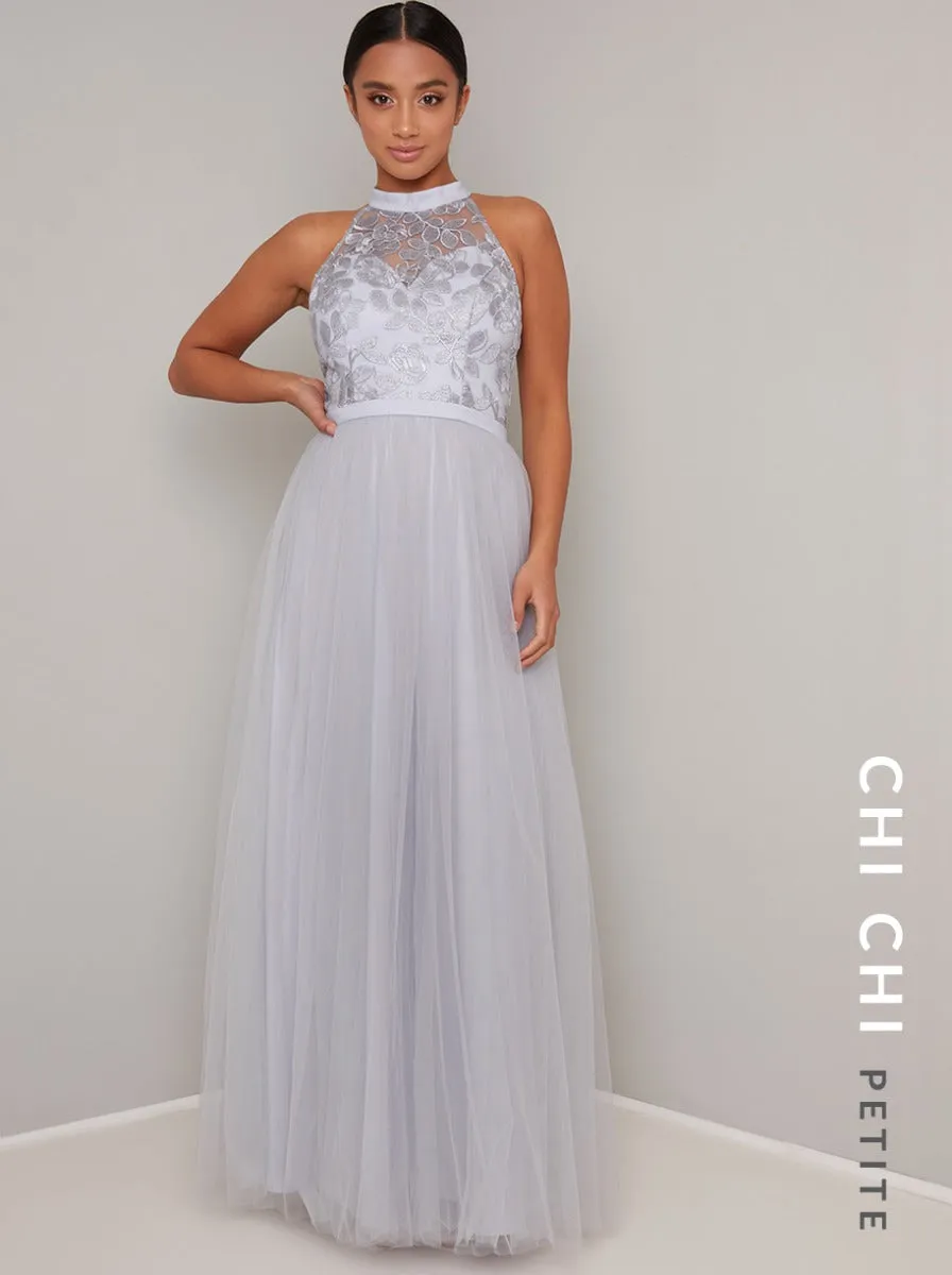 Petite High Neck Embroidered Tulle Maxi Dress in Blue sold by Chi Chi London