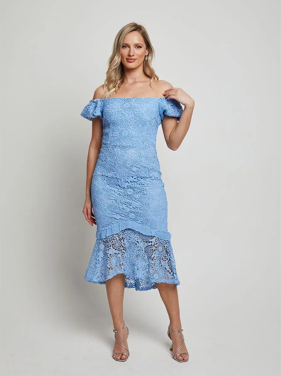 Petite Bardot Premium Lace Peplum Midi Dress in Blue sold by Chi Chi London