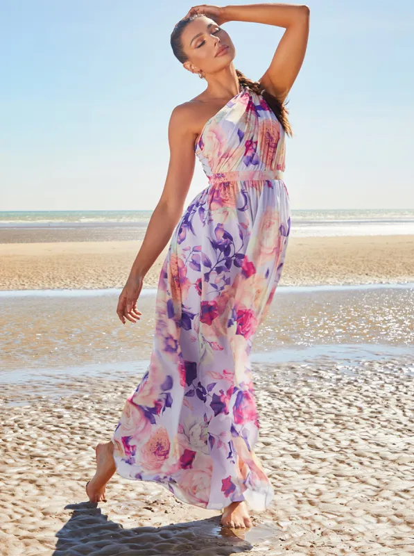 One Shoulder Floral Maxi Dress in Purple sold by Chi Chi London