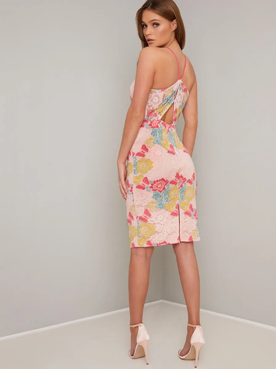 Lace Bodycon Dress with Back Keyhole Detail in Pink sold by Chi Chi London product image thumbnail 3