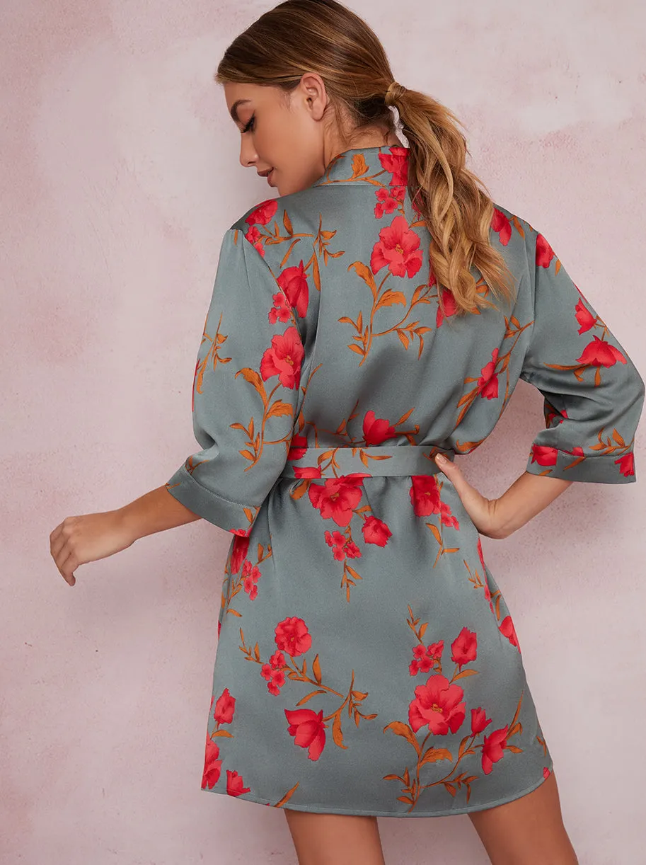 Floral Print Satin Finish Mini Robe In Green sold by Chi Chi London product image thumbnail 4