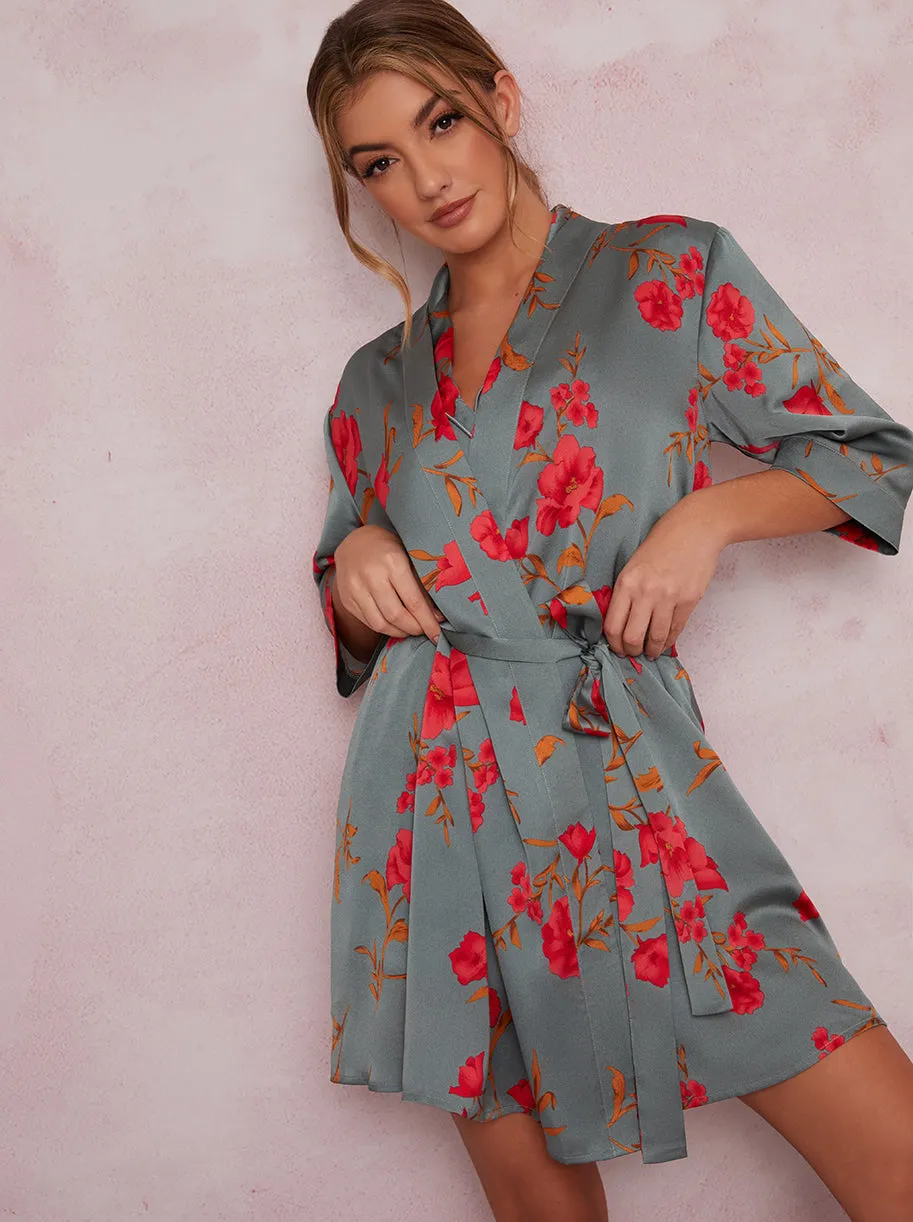 Floral Print Satin Finish Mini Robe In Green sold by Chi Chi London product image thumbnail 2