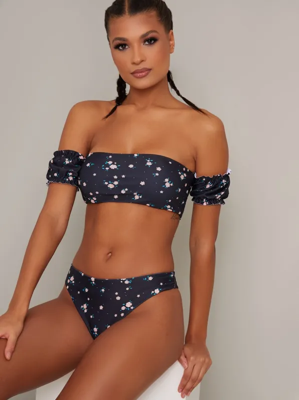 Ditsy Print High Leg Bikini Bottoms in Black sold by Chi Chi London