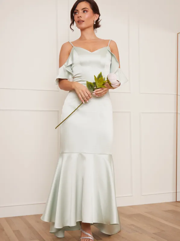 Petite Satin Cami Ruffle Strap Bodycon Dress in Mint sold by Chi Chi London