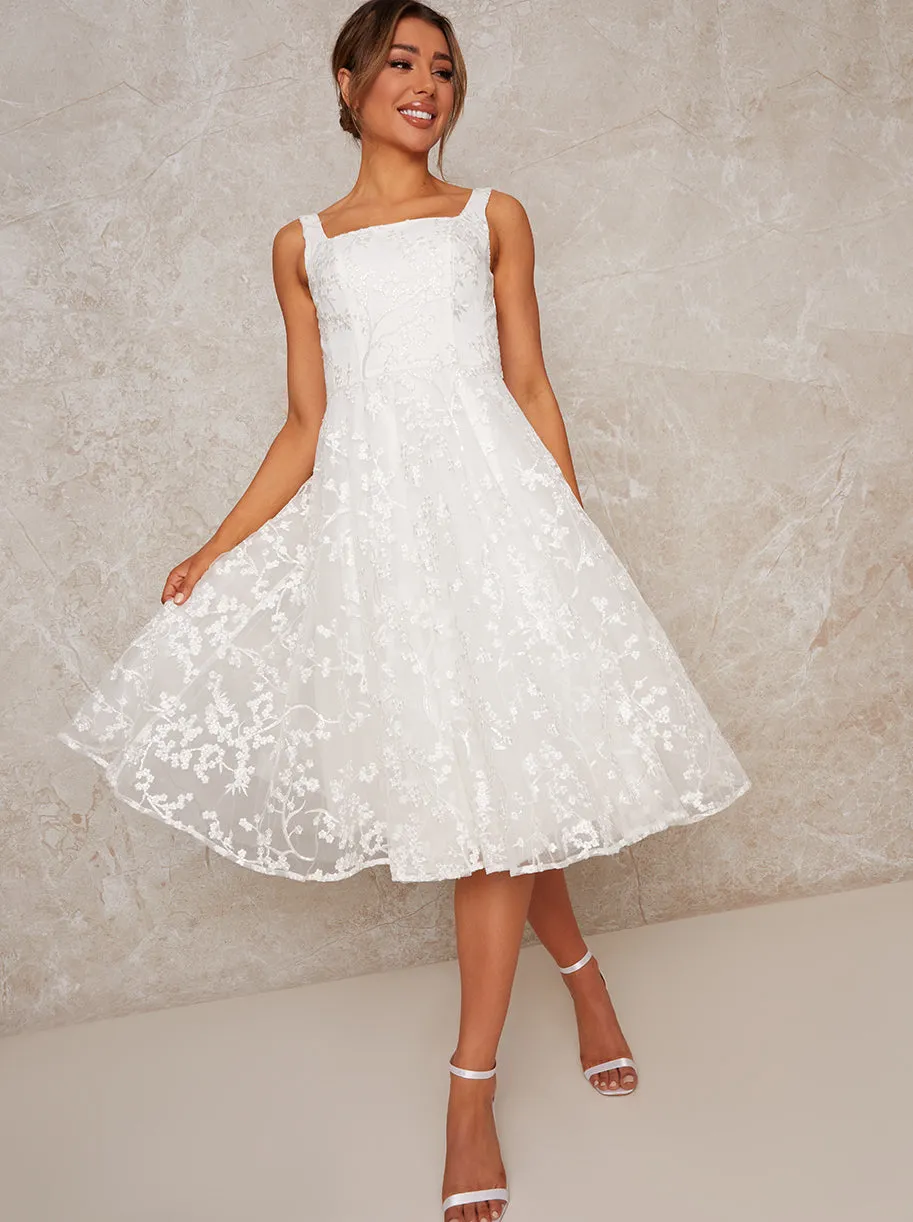 Bridal Sleeveless Square Neck Lace Midi Dress in White sold by Chi Chi London