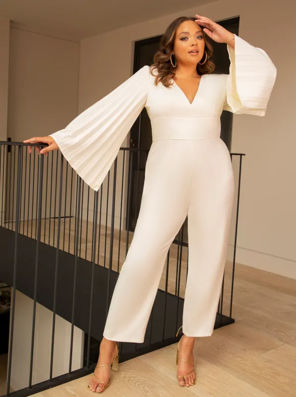 Plus Size Long Bell Sleeve Pleated Jumpsuit in Cream sold by Chi Chi London