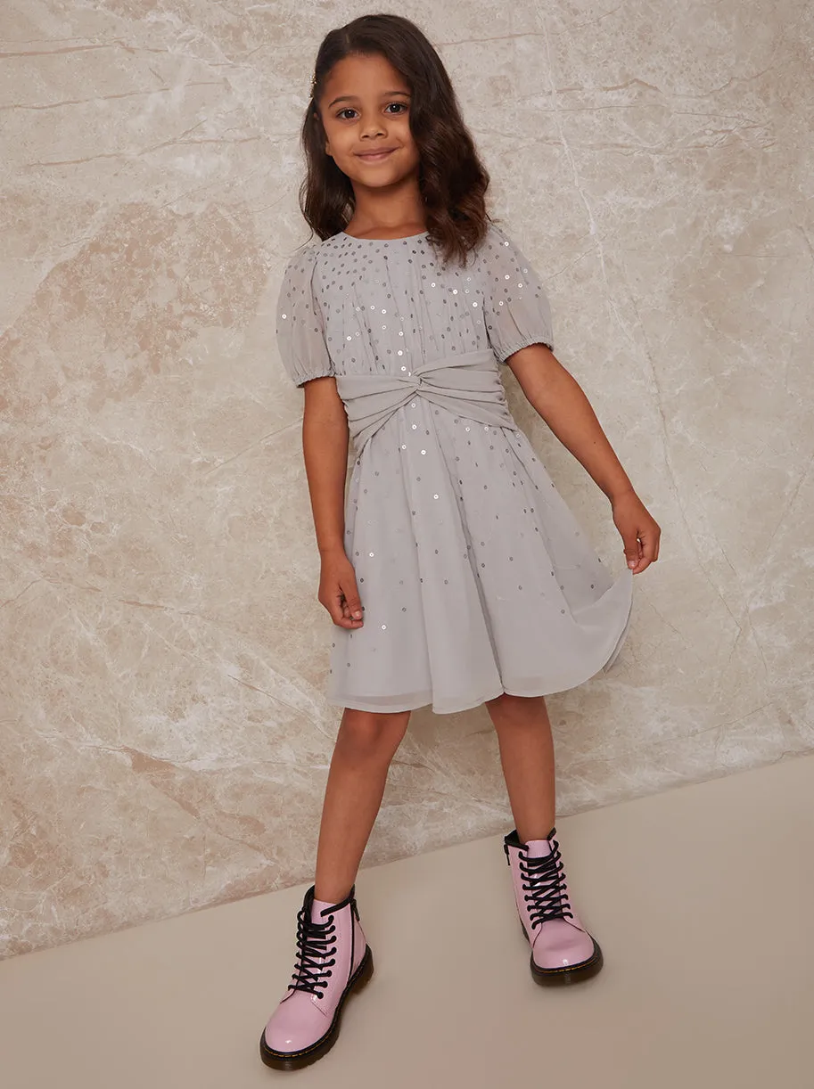 Girls Sequin Twist Detail Midi Dress in Grey sold by Chi Chi London
