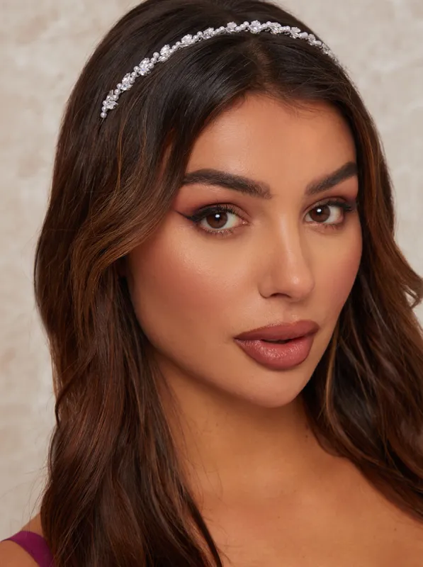 Pearl & Diamanté Embellished Leaf Design Headband in Silver sold by Chi Chi London