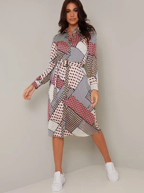 Shirt Geo Print Midi Dress in Multi sold by Chi Chi London
