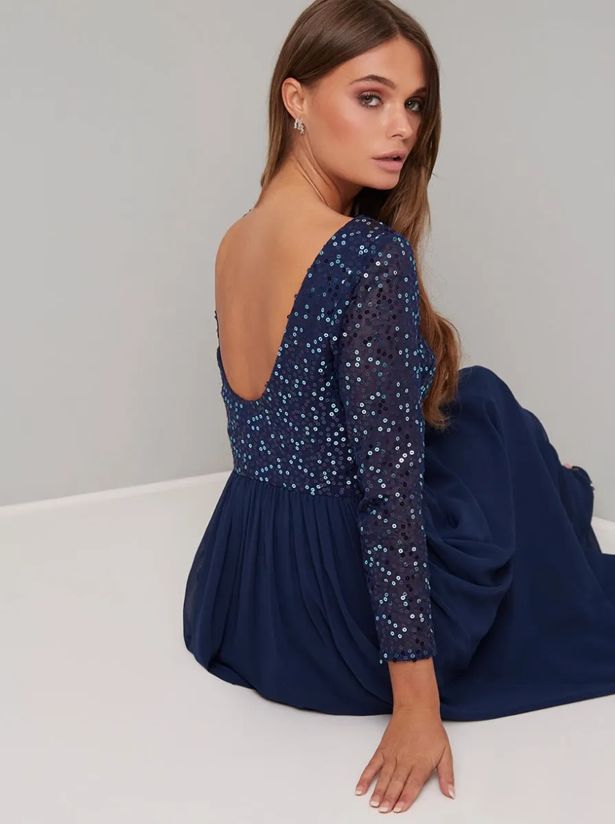 Long Sleeved Sequin Bodice Maxi Dress in Blue sold by Chi Chi London product image thumbnail 3