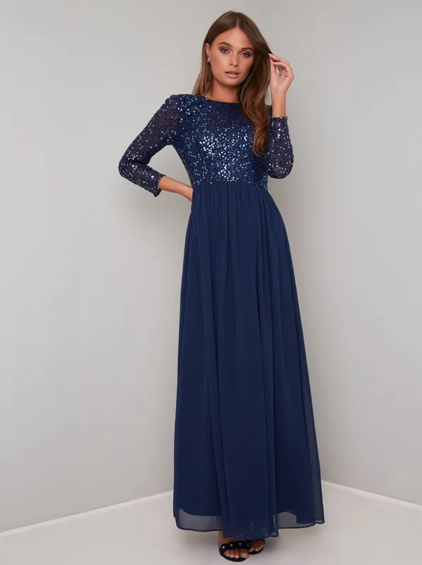 Long Sleeved Sequin Bodice Maxi Dress in Blue sold by Chi Chi London