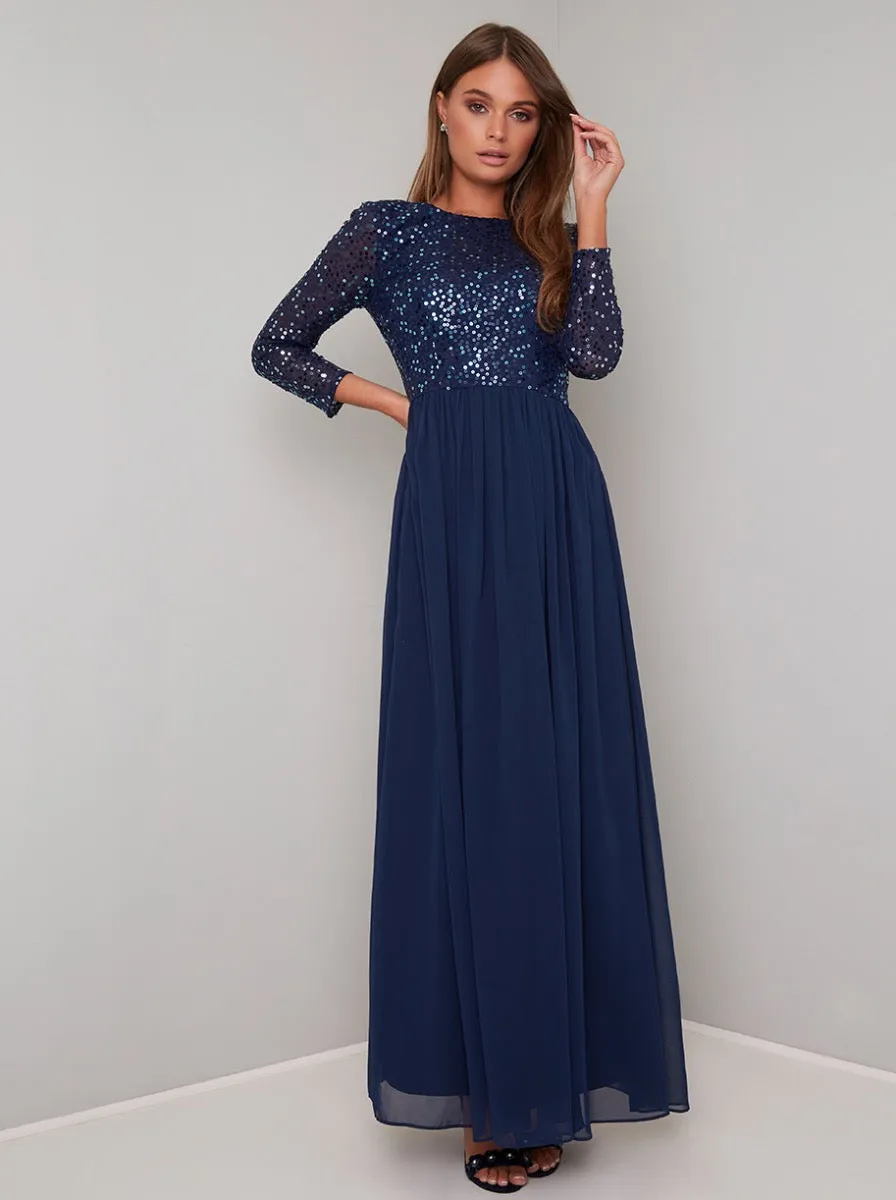 Long Sleeved Sequin Bodice Maxi Dress in Blue sold by Chi Chi London
