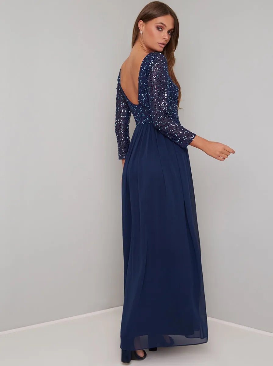 Long Sleeved Sequin Bodice Maxi Dress in Blue sold by Chi Chi London product image thumbnail 2