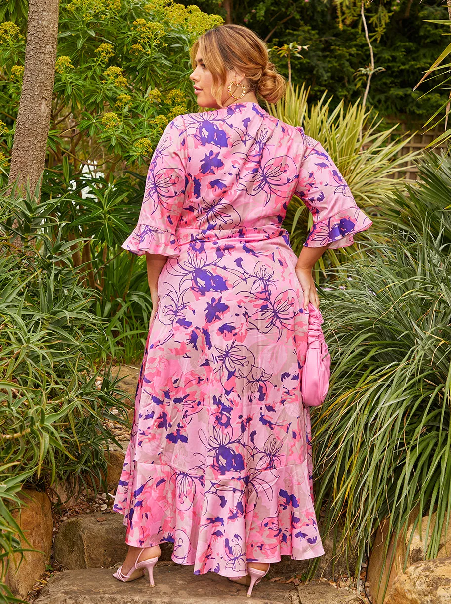 Plus Size Tie Front Abstract Floral Print Dip Hem Dress in Pink sold by Chi Chi London product image thumbnail 5