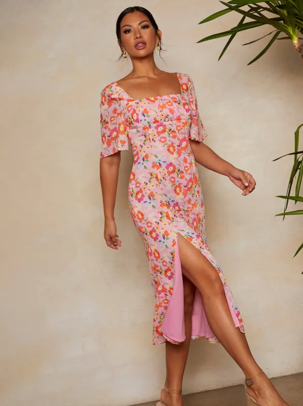 Square Neck Floral Print Midi Dress in Pink sold by Chi Chi London
