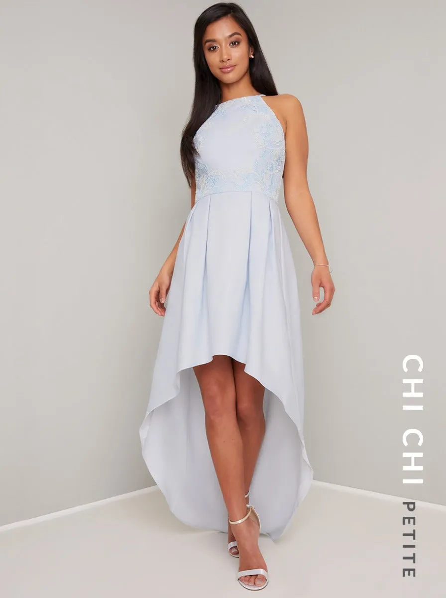 Petite Embroidered Bodice Dip Hem Midi Dress in Blue sold by Chi Chi London product image thumbnail 2