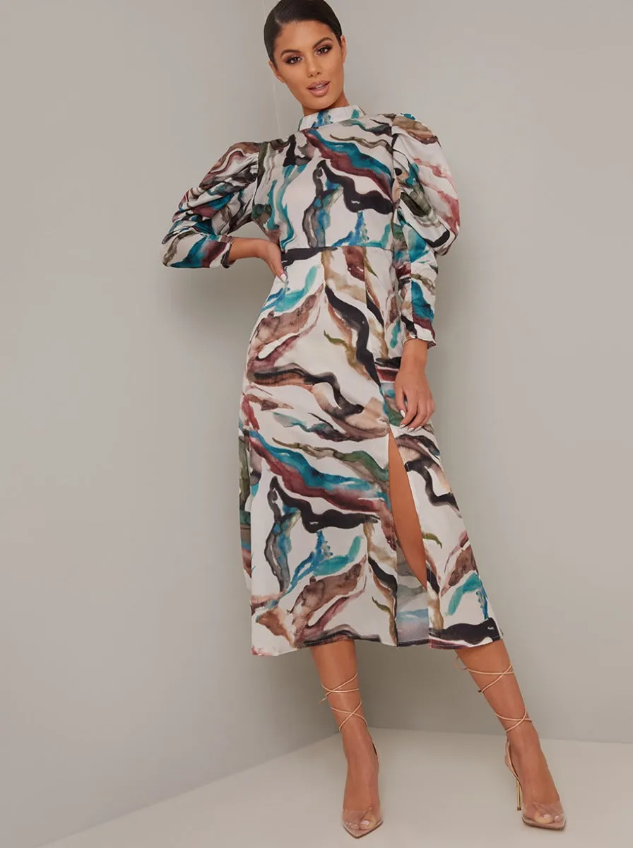 Long Puff Sleeved Print Midi Dress in Multi sold by Chi Chi London