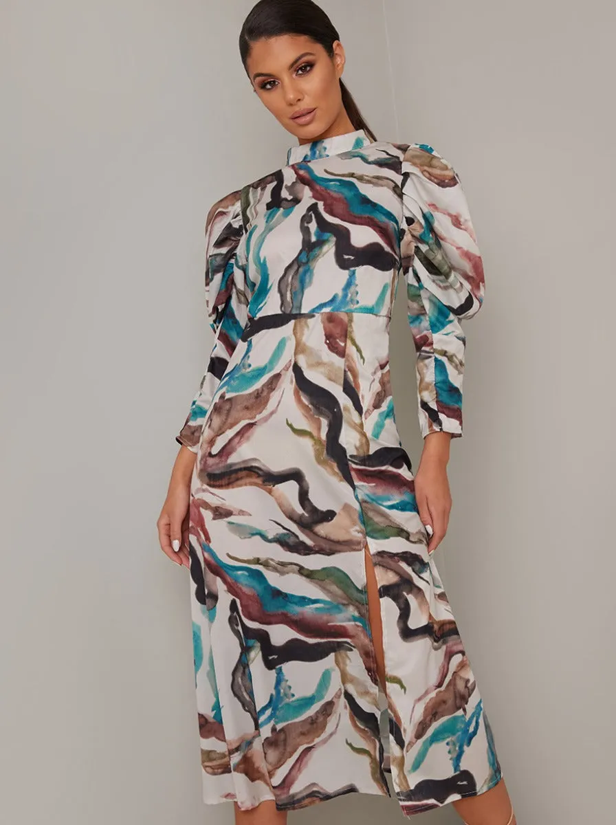 Long Puff Sleeved Print Midi Dress in Multi sold by Chi Chi London product image thumbnail 3