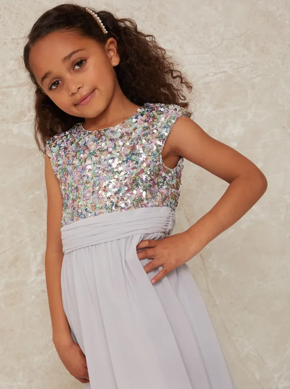 Girls Sequin Bodice Midi Dress in Silver sold by Chi Chi London