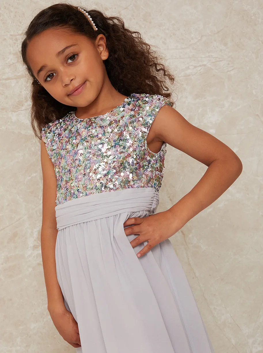 Girls Sequin Bodice Midi Dress in Silver sold by Chi Chi London
