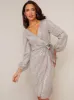 Wrap Design Sequin Party Dress in Silver sold by Chi Chi London
