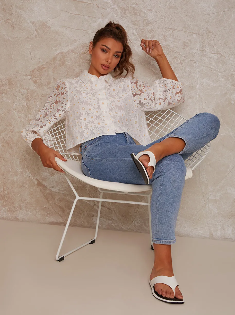 Sheer Floral Lace Balloon Sleeve Shirt in White sold by Chi Chi London product image thumbnail 3