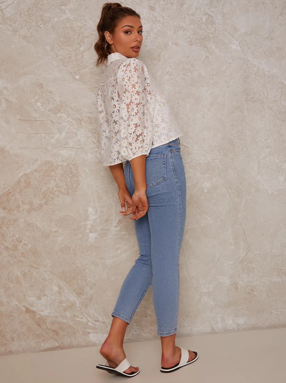 Sheer Floral Lace Balloon Sleeve Shirt in White sold by Chi Chi London product image thumbnail 4