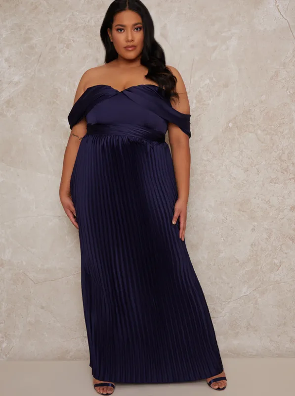 Plus Size Bardot Pleated Maxi Bridesmaid Dress in Blue sold by Chi Chi London