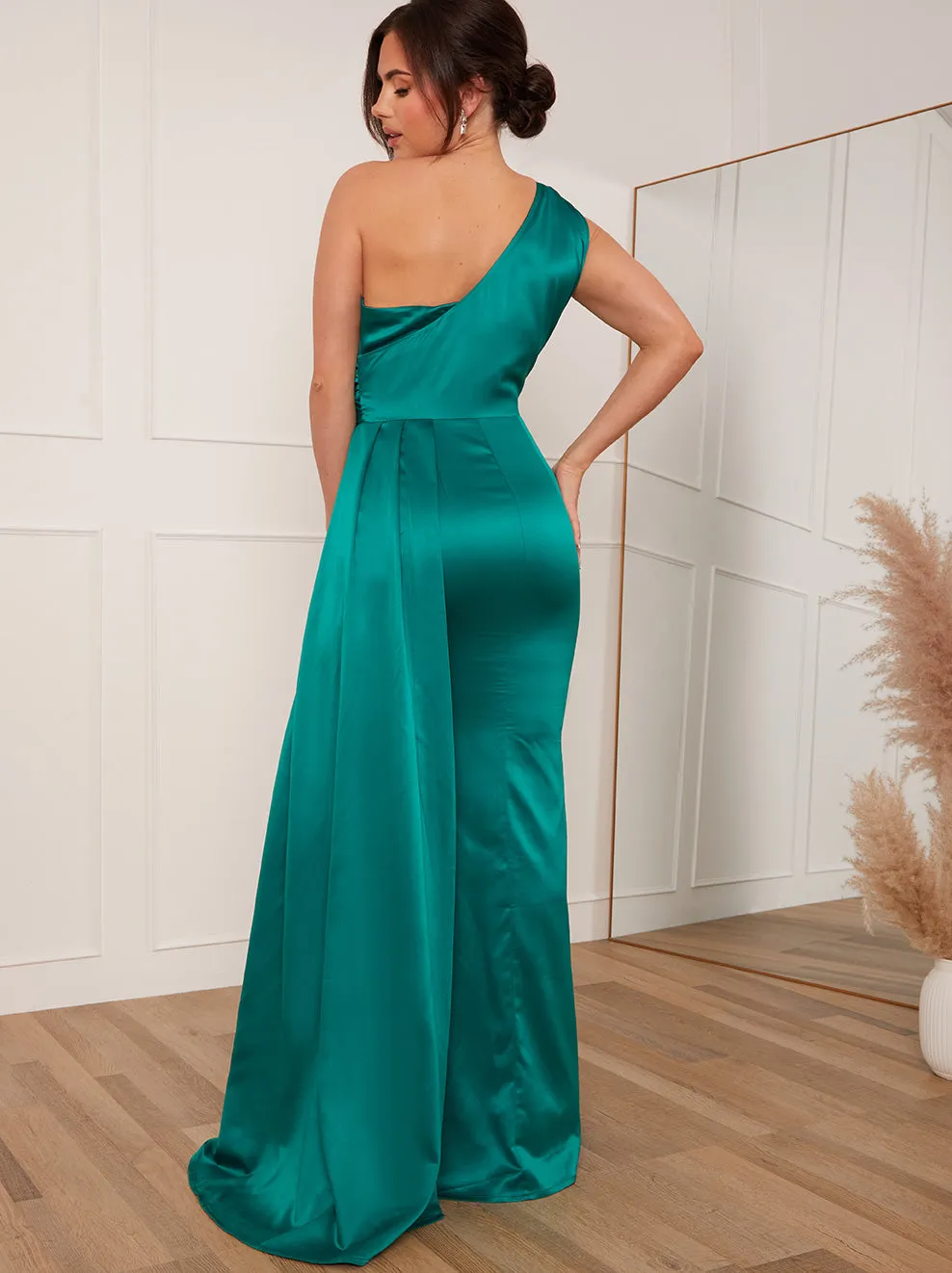 Petite Ruched One Shoulder Satin Maxi Dress in Green sold by Chi Chi London product image thumbnail 5
