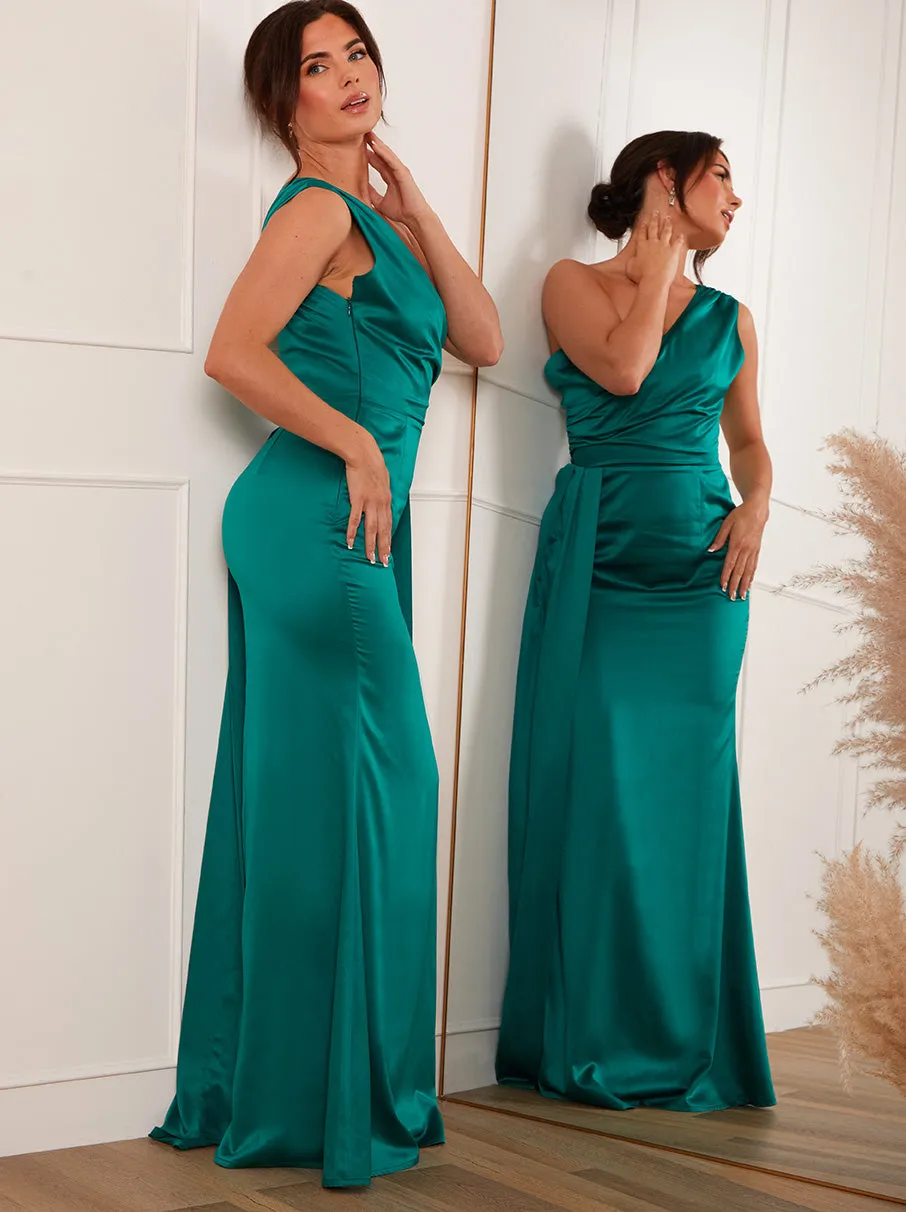 Petite Ruched One Shoulder Satin Maxi Dress in Green sold by Chi Chi London product image thumbnail 2
