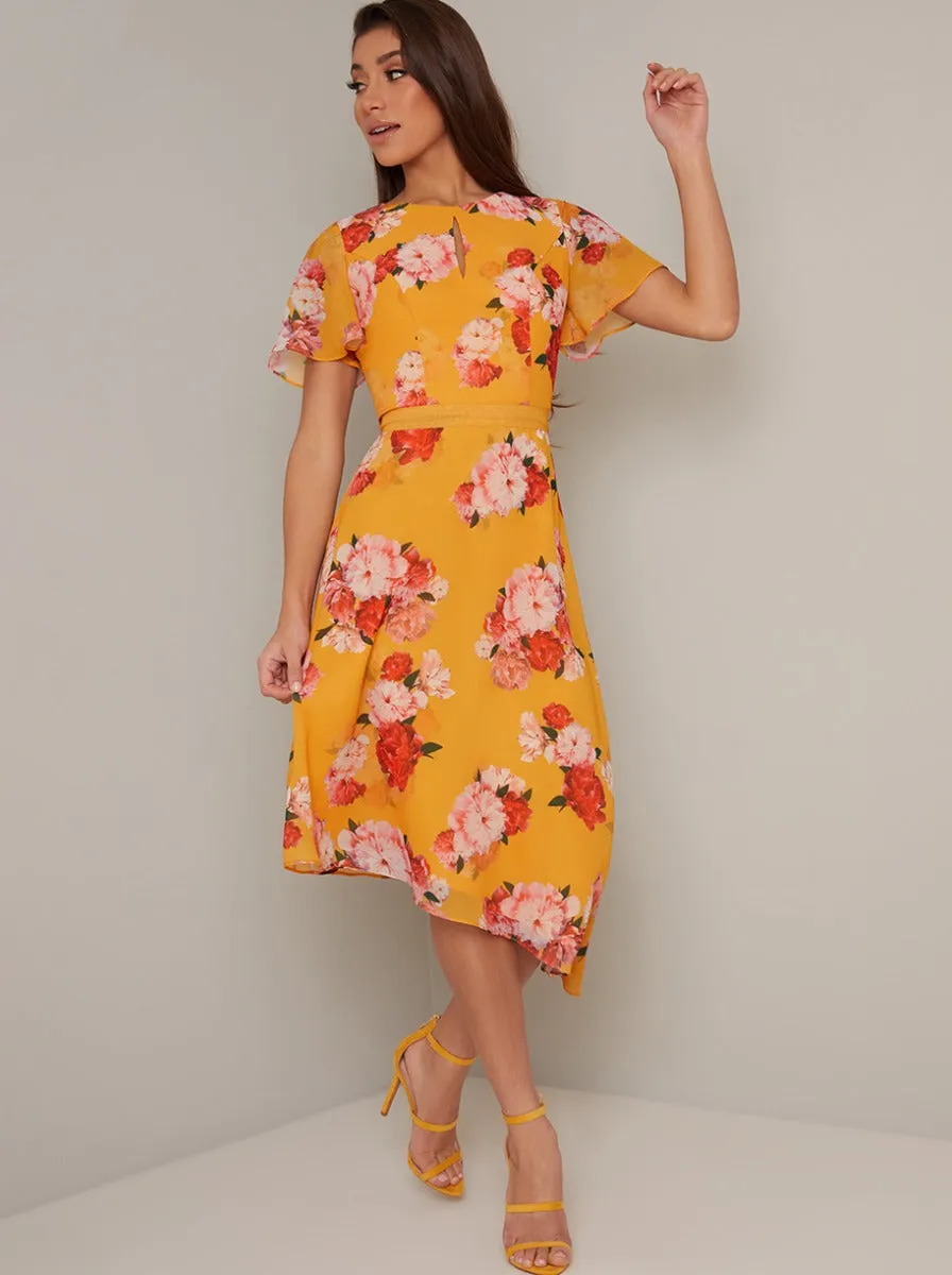 Angel Sleeve Floral Print Midi Dress in Yellow sold by Chi Chi London