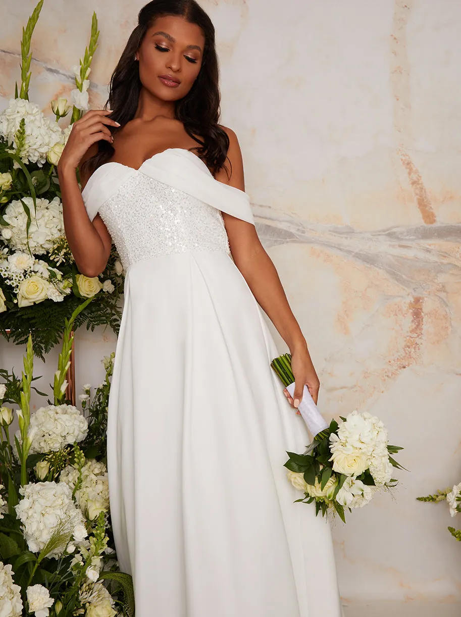 Bridal Sequin Bardot Maxi Wedding Dress in White sold by Chi Chi London product image thumbnail 2