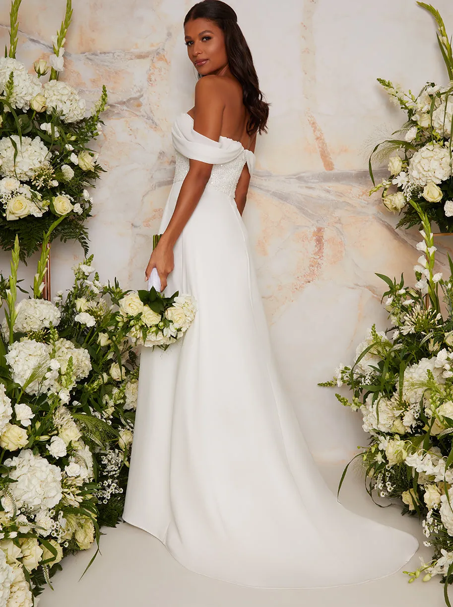Bridal Sequin Bardot Maxi Wedding Dress in White sold by Chi Chi London product image thumbnail 3