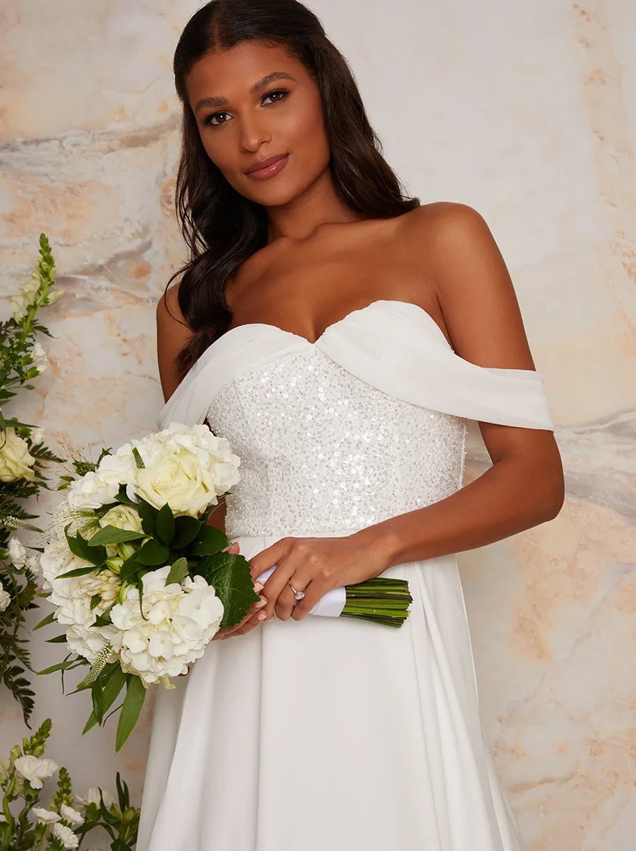 Bridal Sequin Bardot Maxi Wedding Dress in White sold by Chi Chi London product image thumbnail 4