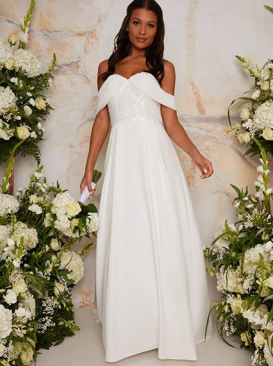 Bridal Sequin Bardot Maxi Wedding Dress in White sold by Chi Chi London