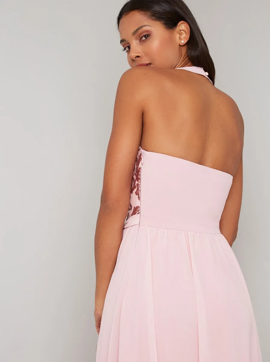 Embellished Dip Hem Halterneck Dress in Pink sold by Chi Chi London product image thumbnail 4
