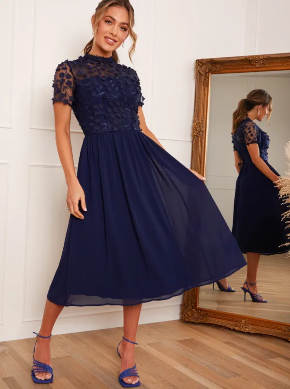 Short Sleeve Floral Embroidered Midi Dress in Navy sold by Chi Chi London