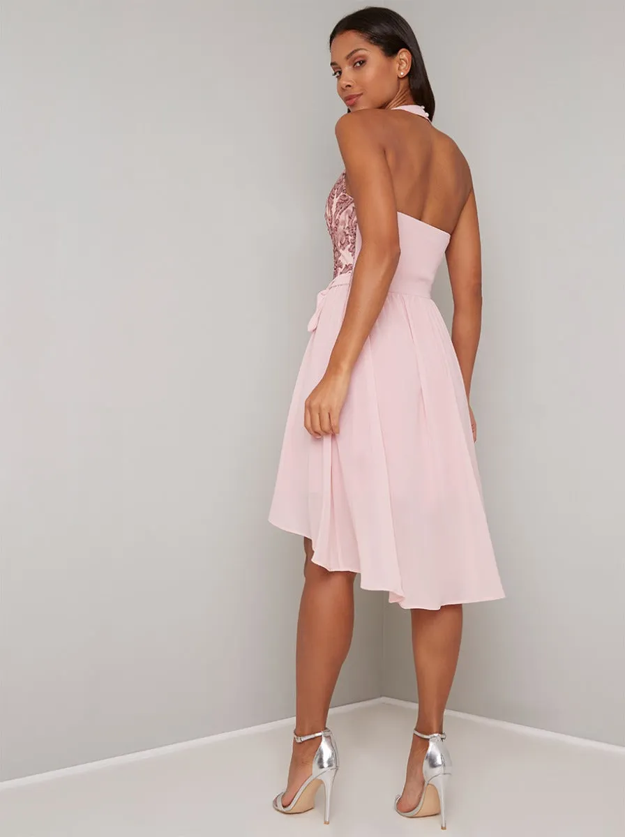 Embellished Dip Hem Halterneck Dress in Pink sold by Chi Chi London product image thumbnail 3