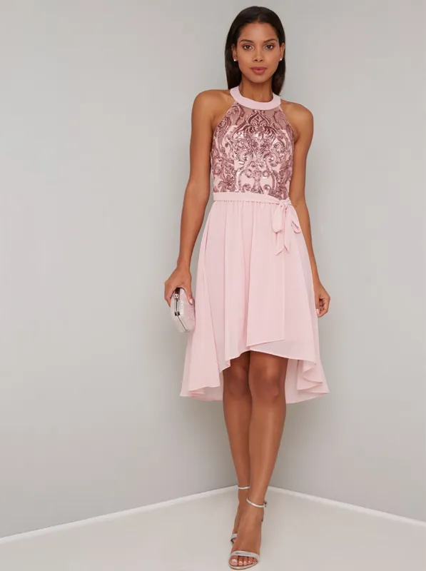 Embellished Dip Hem Halterneck Dress in Pink sold by Chi Chi London
